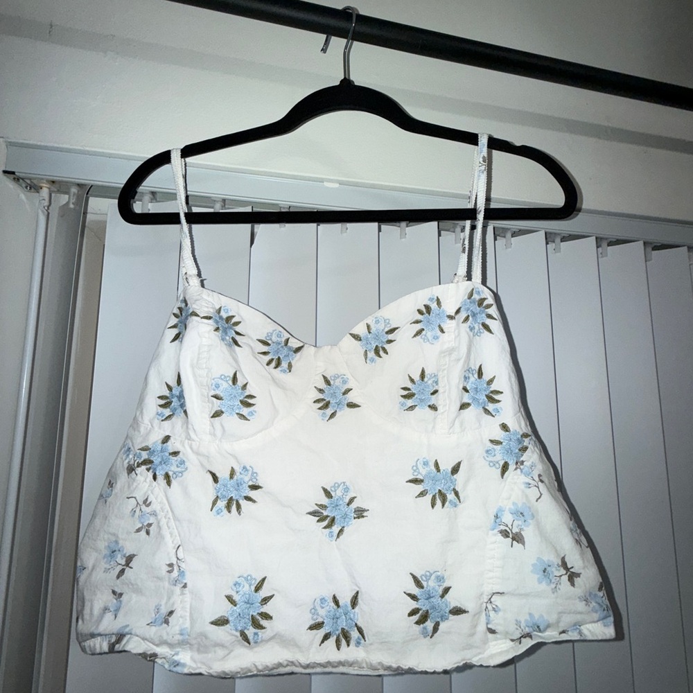 Free People Floral Embroidered White and Blue Women's Top